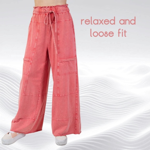 EASEL "Perfect Cargo Lux" Terry Knit Mineral Washed Flared Leg Raw Hems & Seams - Picture 13 of 15